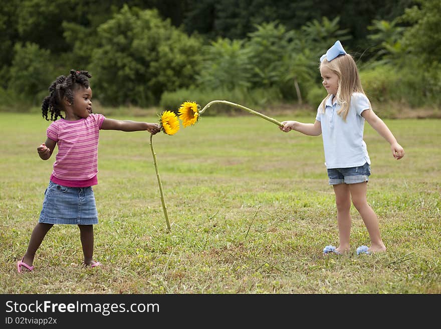 Horizontal image of two little girls holding flowers in a field. Horizontal image of two little girls holding flowers in a field