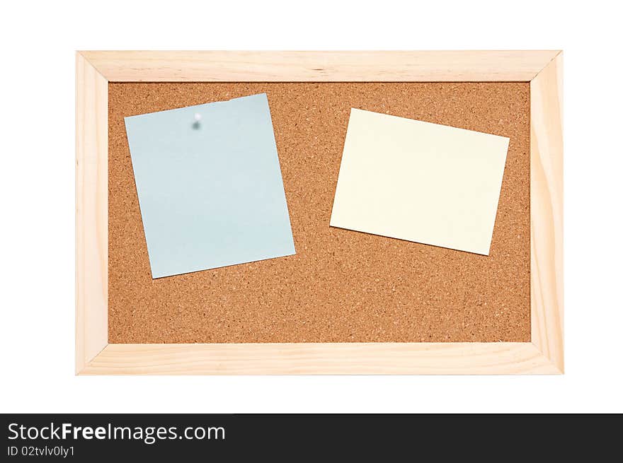 Corkboard with empty blue and yellow notes pinned isolated on white