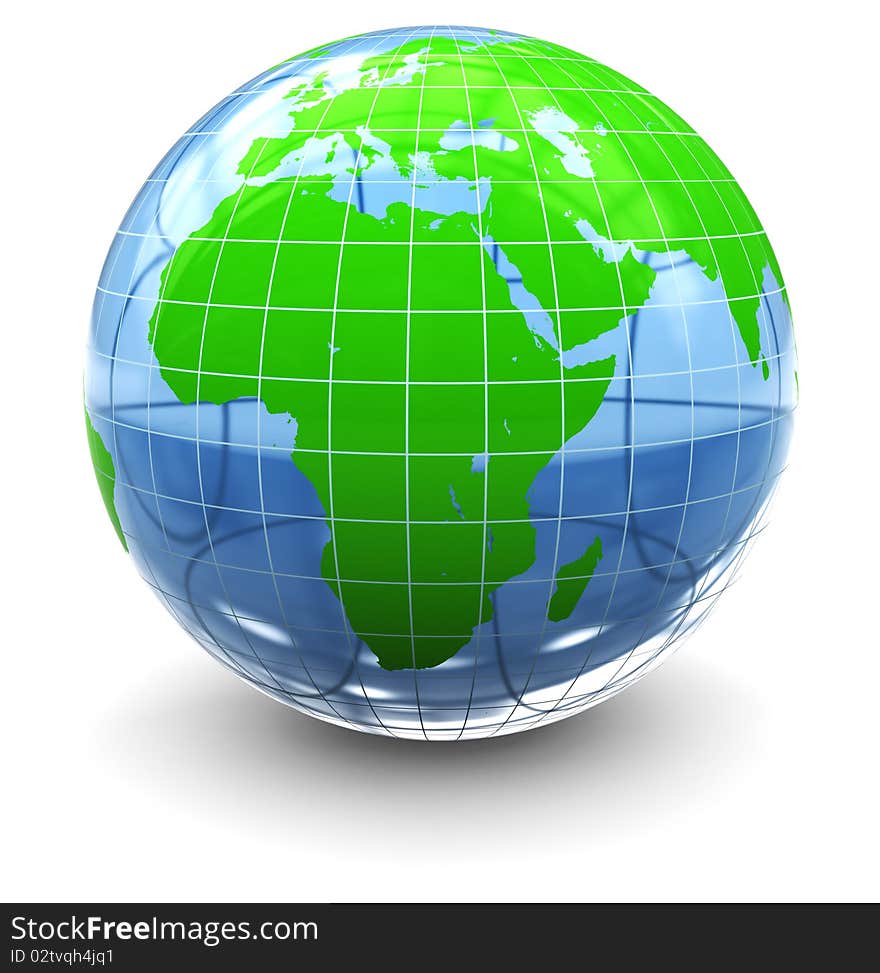 Abstract 3d illustration of glass earth globe over white background