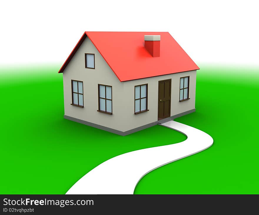 Abstract 3d illustration of house over green meadow and white background. Abstract 3d illustration of house over green meadow and white background