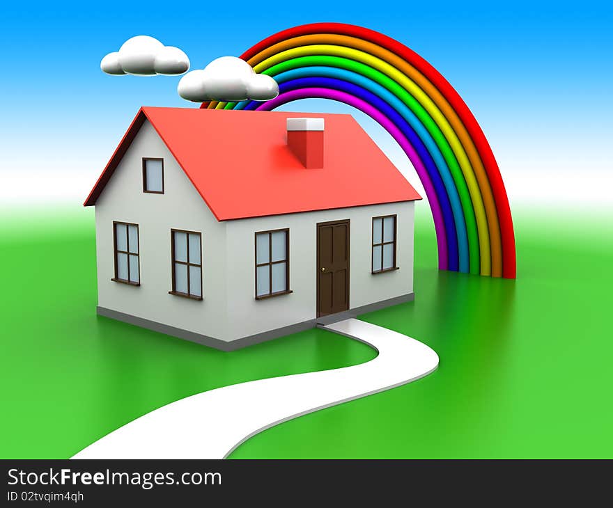 Abstract 3d illustration of house on green meadow, with rainbow and clouds at background. Abstract 3d illustration of house on green meadow, with rainbow and clouds at background