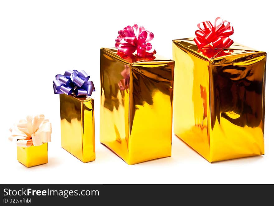 Row from yellow gifts boxes