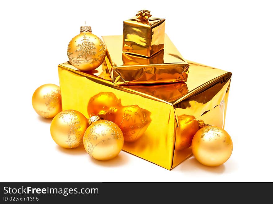 Yellow gifts boxes with christmas balls. Soft shadow. Yellow gifts boxes with christmas balls. Soft shadow