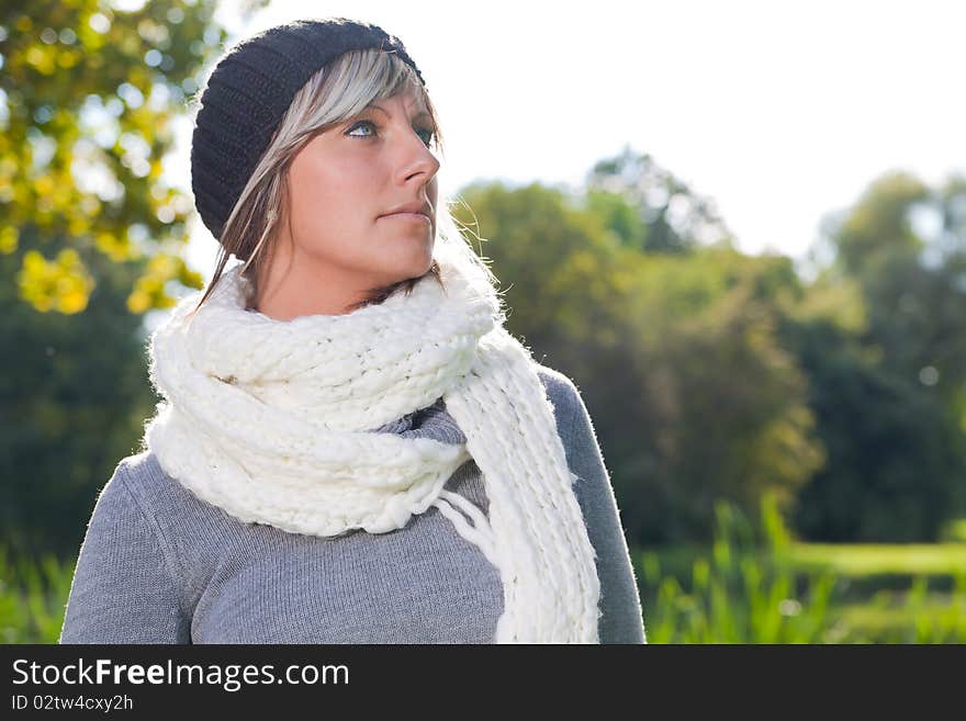 Natural girl walkin park on sunny day. Natural girl walkin park on sunny day