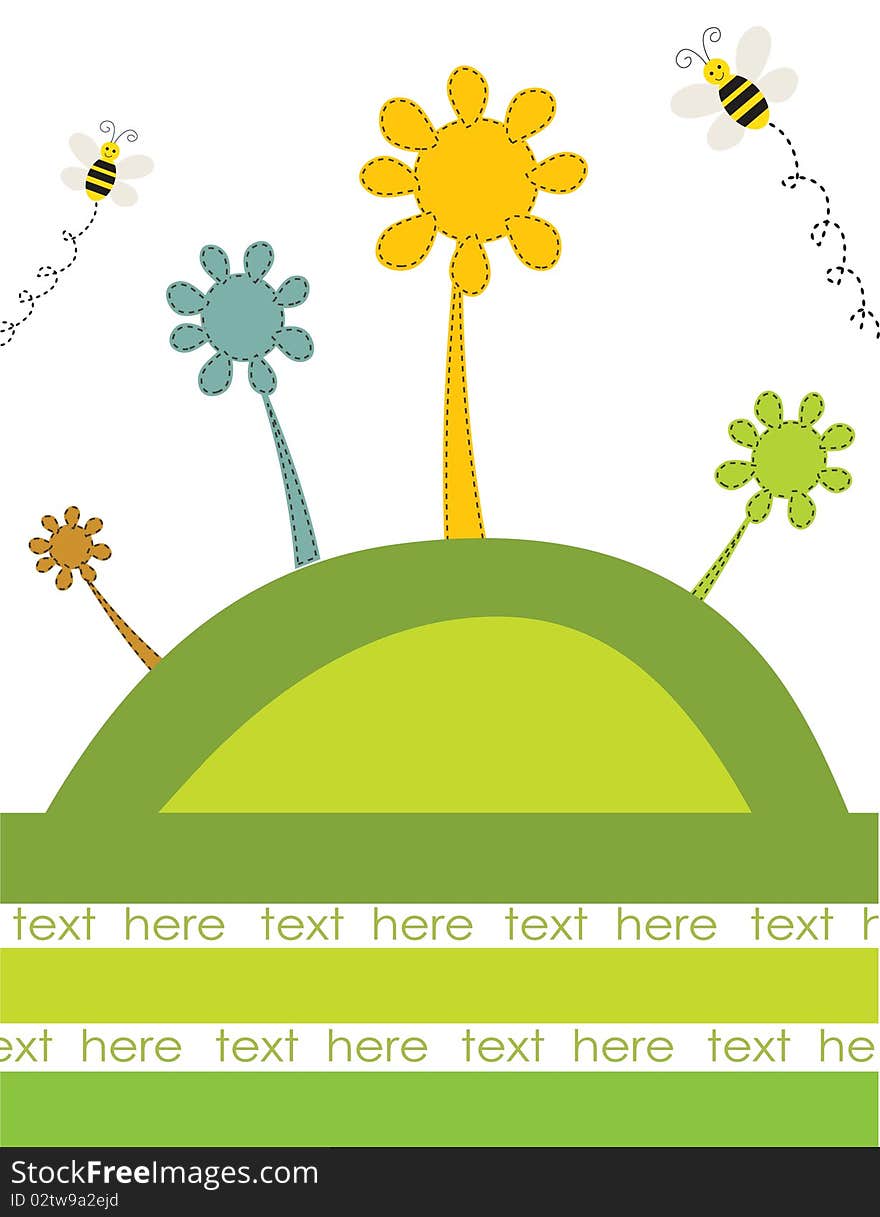 Abstract flowers and bees on the green hill. Vector retro card.