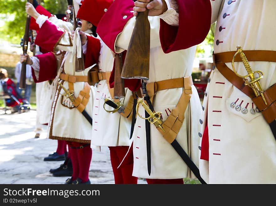 Soldier with carabiner and jacket during the re-enactment of the. Succession War September 4, 2010 in Brihuega, Spain