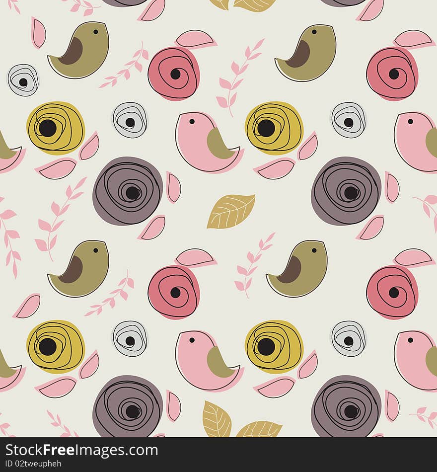 Seamless with cute birds and leaves