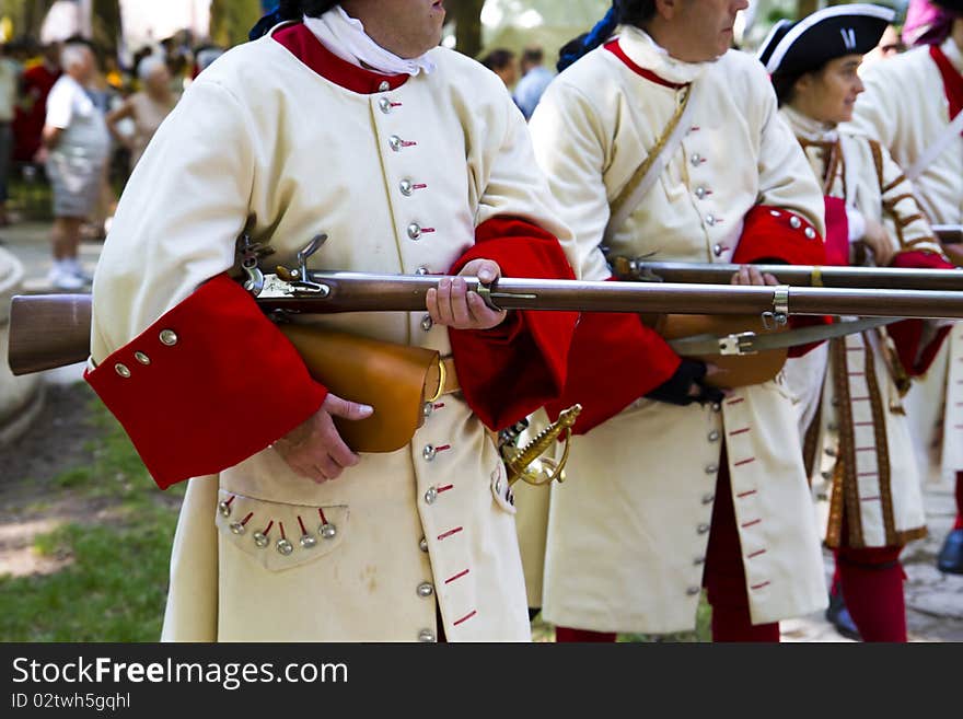 Soldier with carabiner and jacket during the re-enactment of the. Succession War September 4, 2010 in Brihuega, Spain