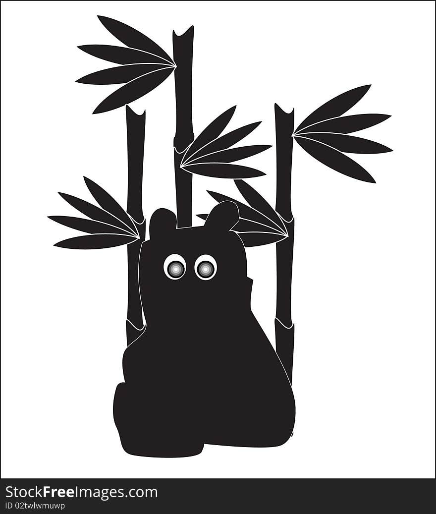 Illustration of black funny panda sitting in bamboo