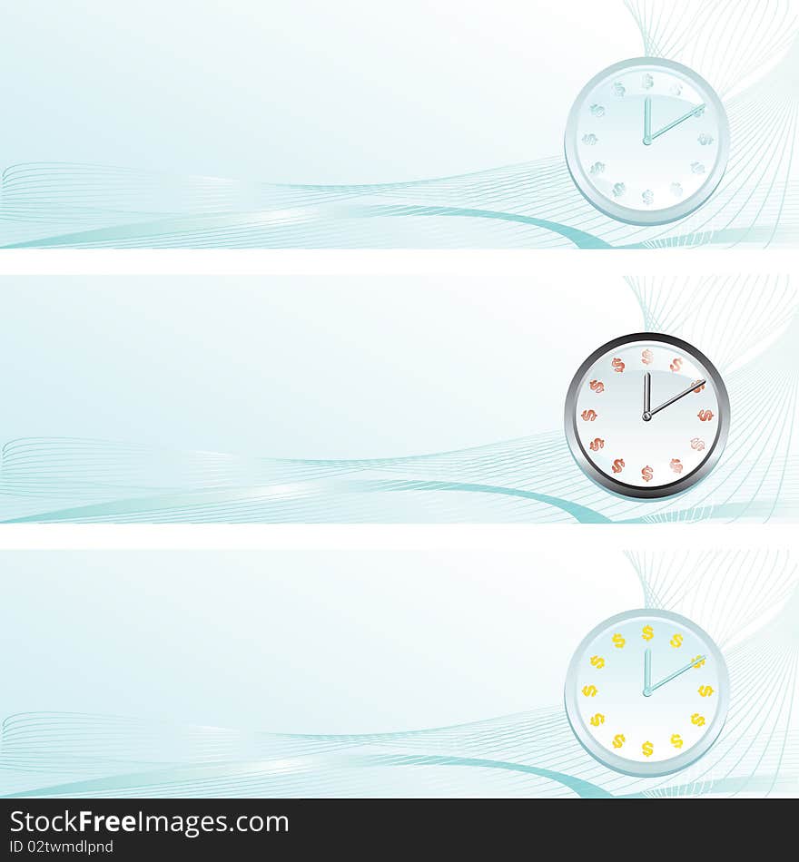 Three banners for your text with decorative waves and clock with symbols of dollar. Three banners for your text with decorative waves and clock with symbols of dollar