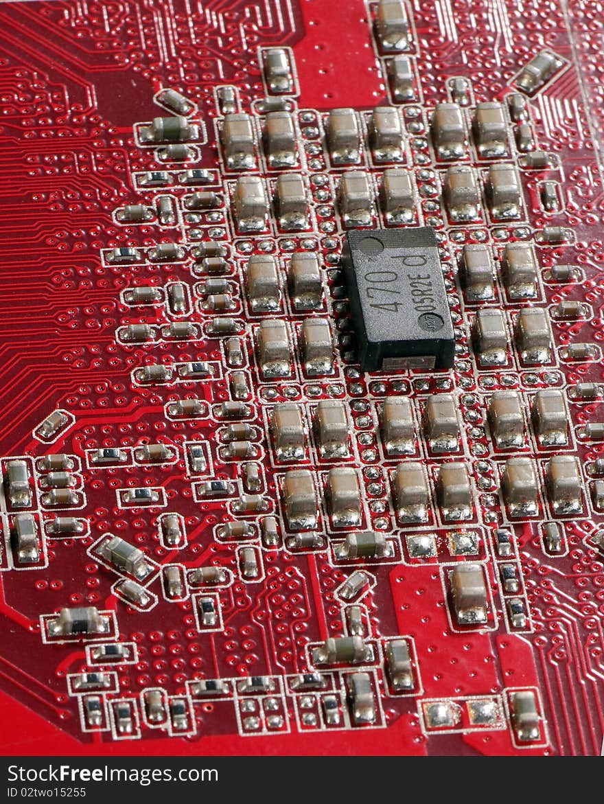 Semiconductor components on a red background. Semiconductor components on a red background