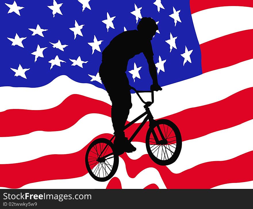 This image represents and drawing with a biker silhouette over an US flag. This image represents and drawing with a biker silhouette over an US flag