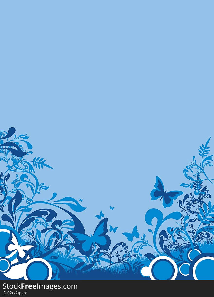 Blue abstract floral background with butterflies. Blue abstract floral background with butterflies