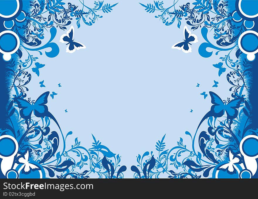 Blue abstract floral background with butterflies. Blue abstract floral background with butterflies