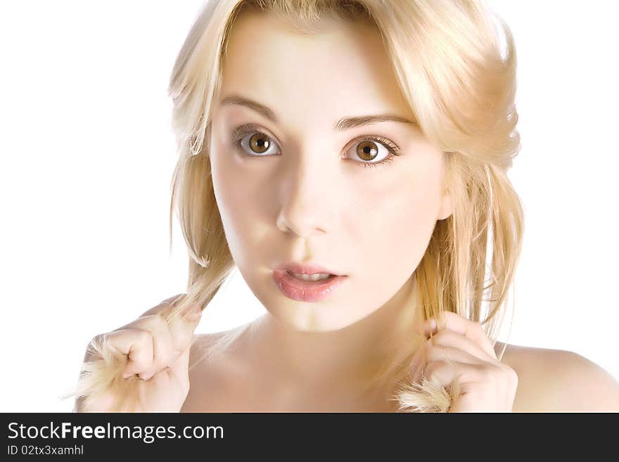 Portrait of beautiful white-hair girl on white