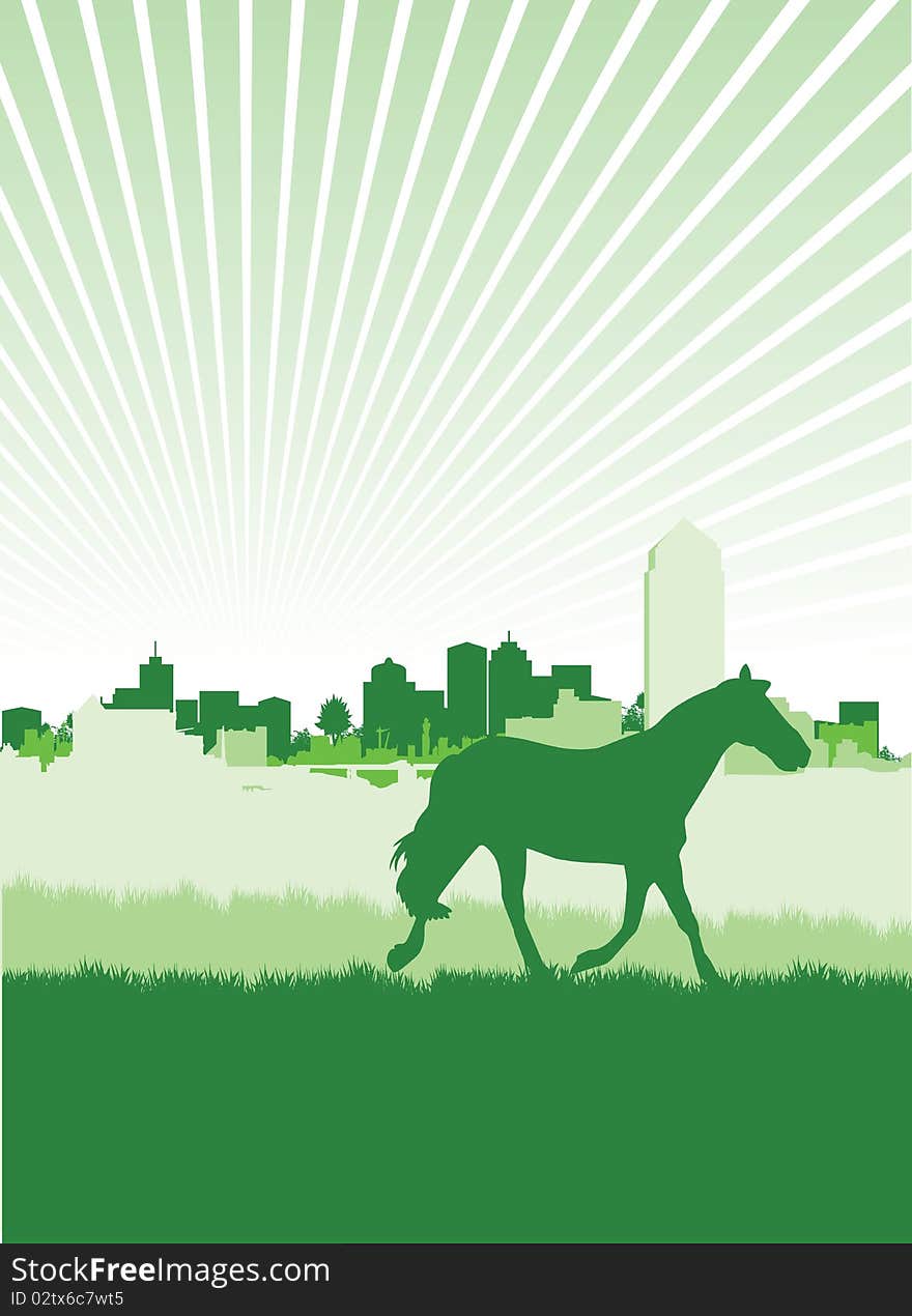 A horse in a field with a cityscape background