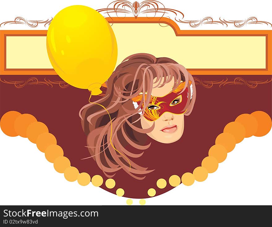 Woman In Masquerade Mask And Yellow Balloon. Card