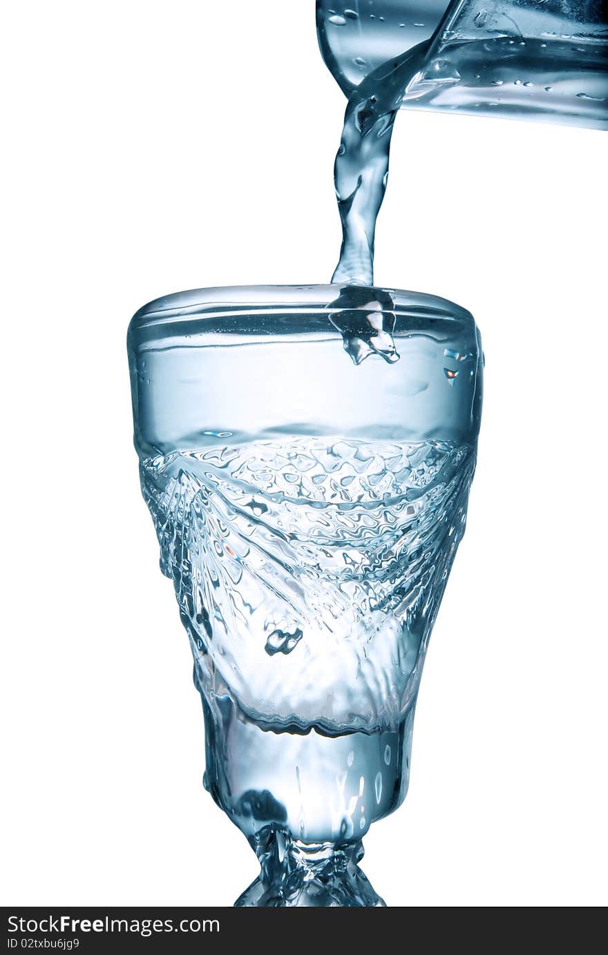 Flowing water in glass isolated