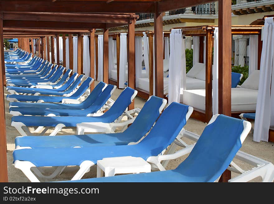 Row of blue deck chairs