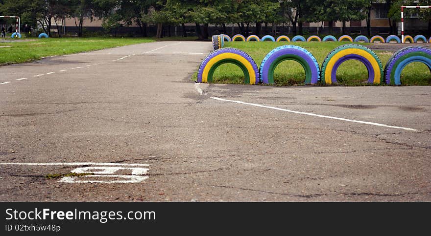 Some outdoor fitness equipment, multicolored