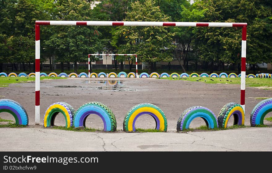 Some outdoor fitness equipment, multicolored