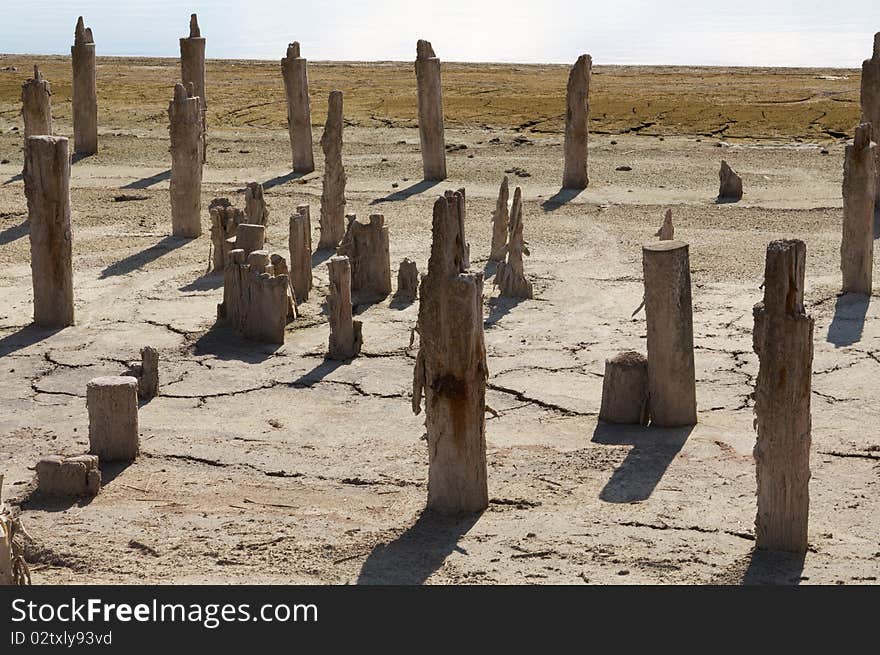 The old wooden destroyed columns on the dried up earth