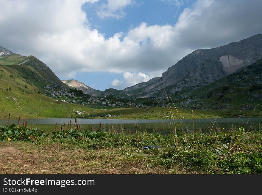 Nice view of mountains and lake. The plateau  Lagonaki in the West Caucasus. Nice view of mountains and lake. The plateau  Lagonaki in the West Caucasus.