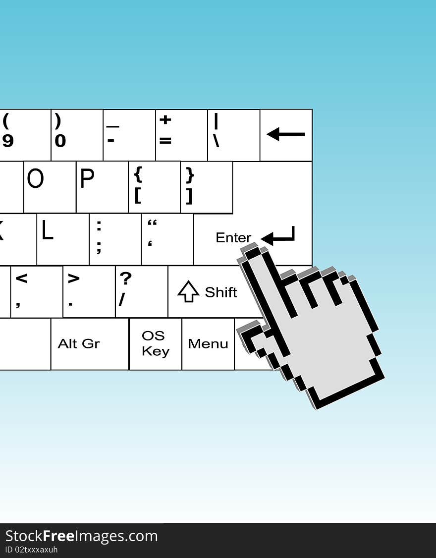 Hand cursor on enter button isolated on soft blue -