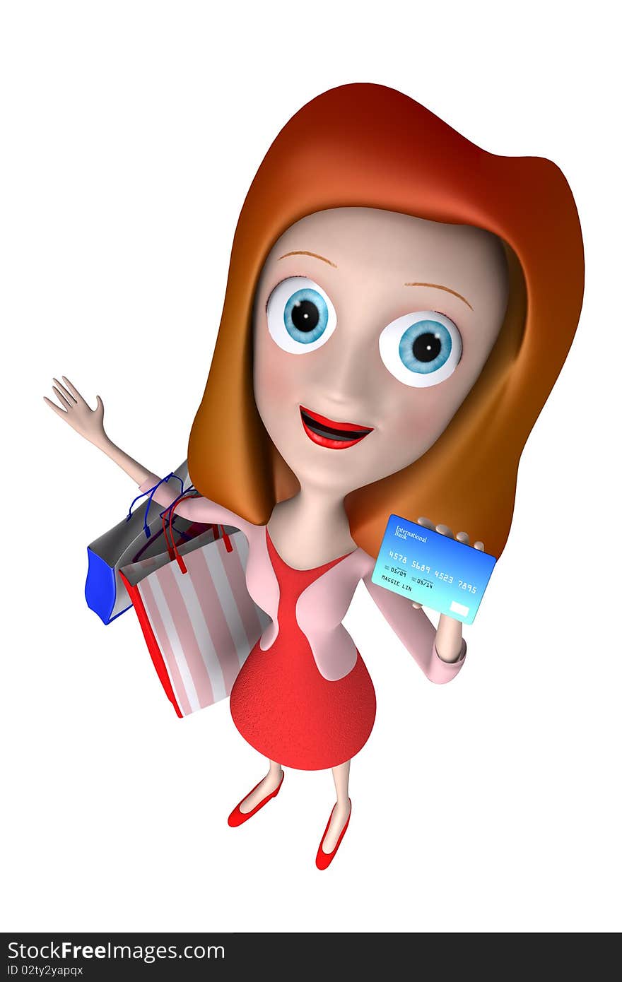 3d Girl Holding A Creit Card With Shopping Bag