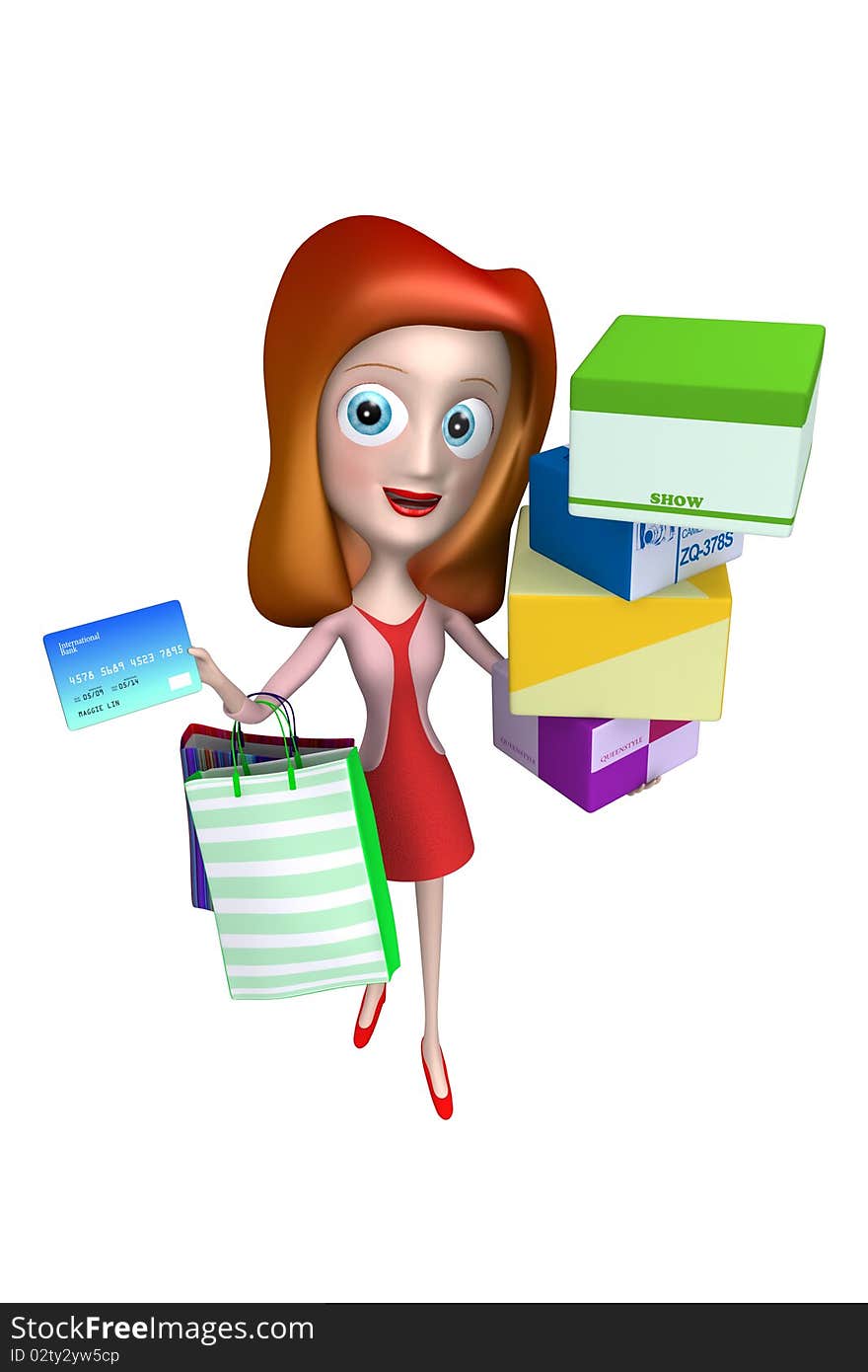 3d Girl Holding A Creit Card With Shopping Bag