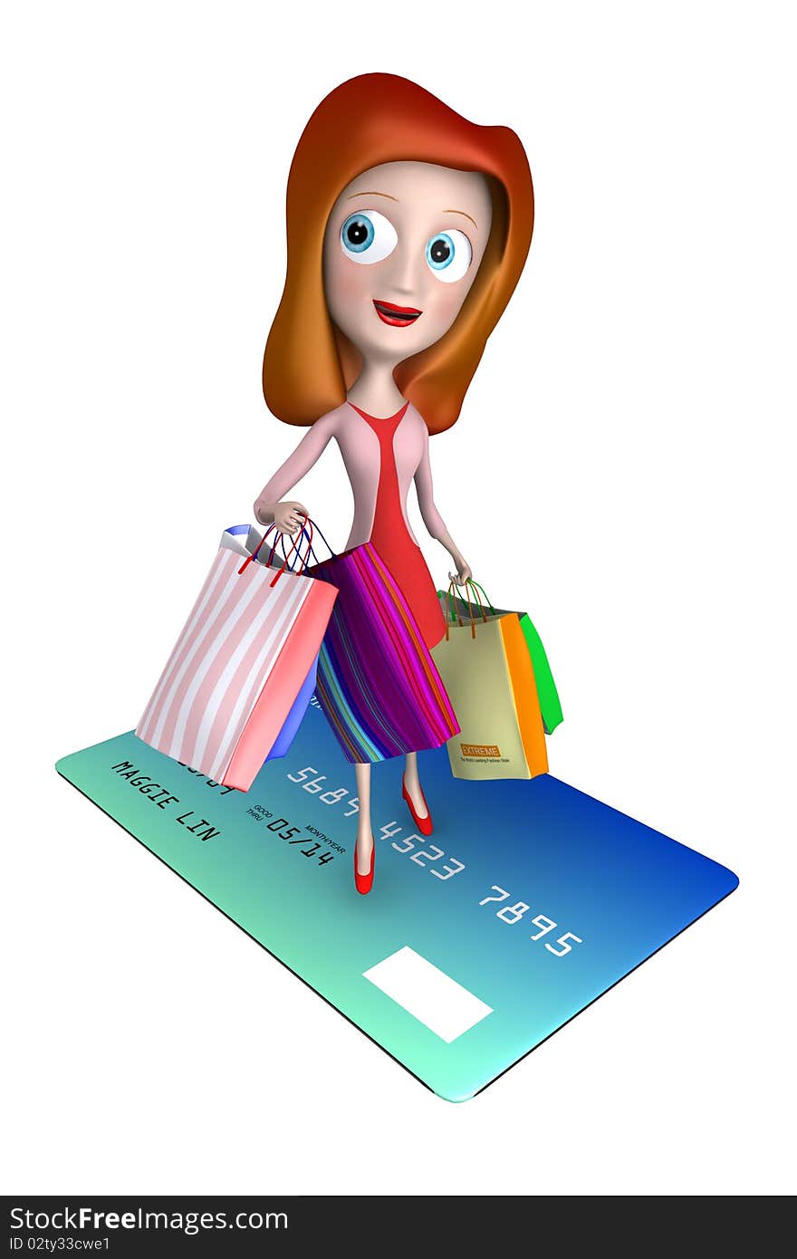 3d Girl Standing On Creit Card With Shopping Bag