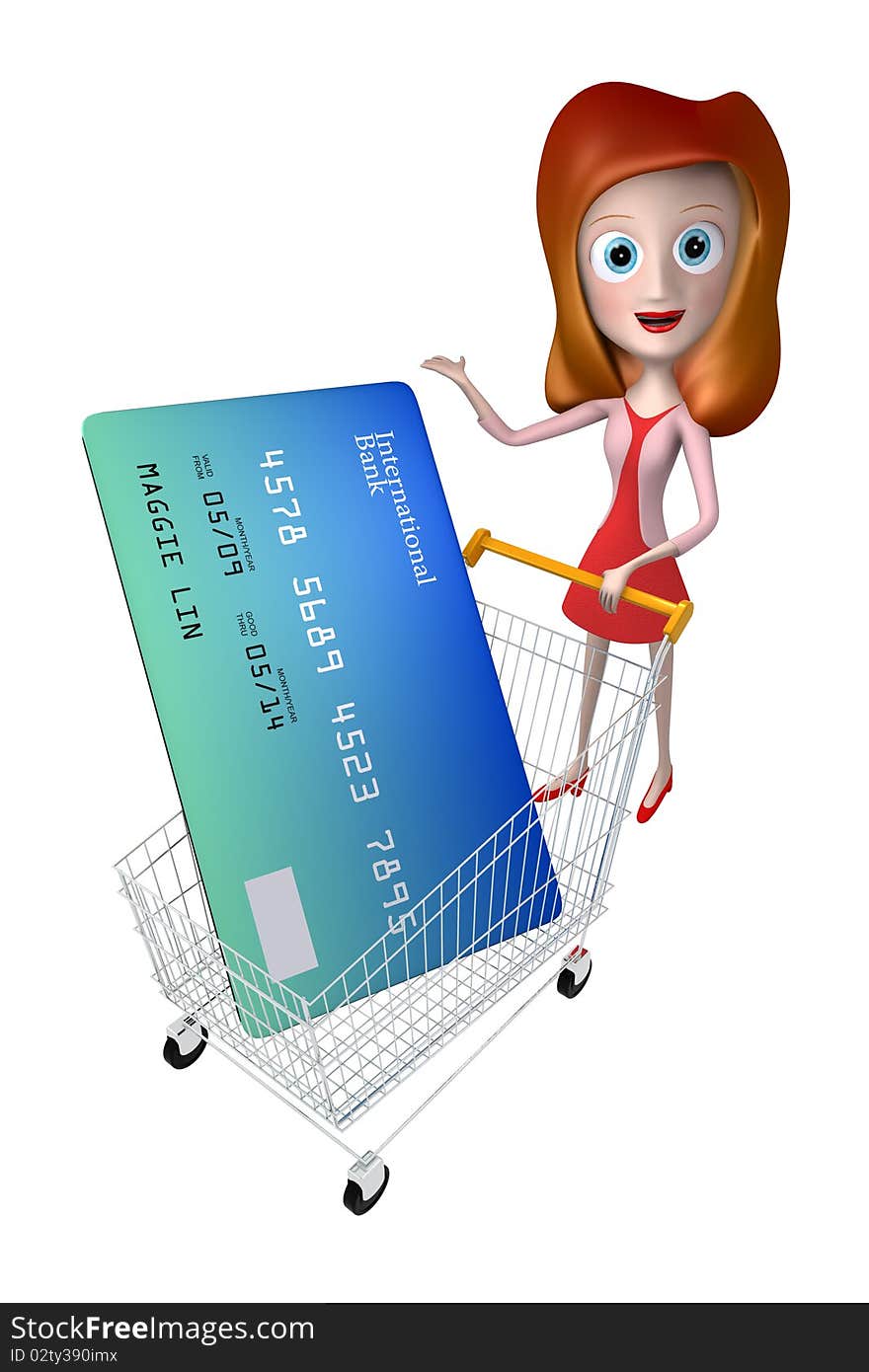 3d girl pushing trolley with credit card shopping