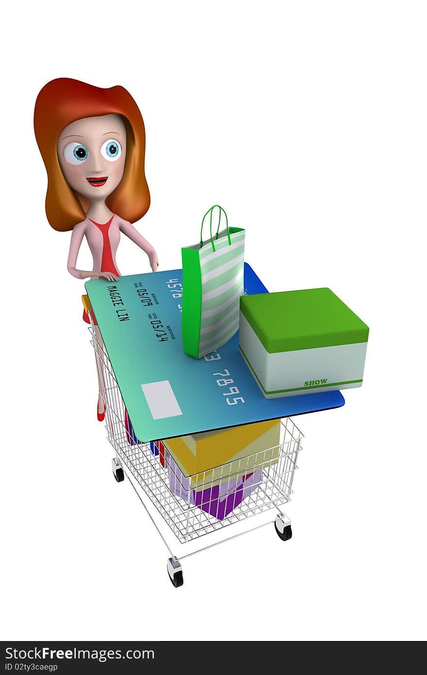 3d Girl Pushing Trolley With Credit Card Shopping