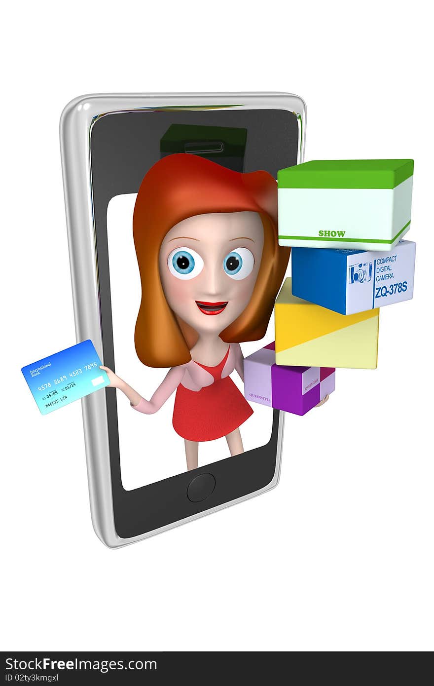 3d Girl In A Phone With Credit Card Shopping Bag