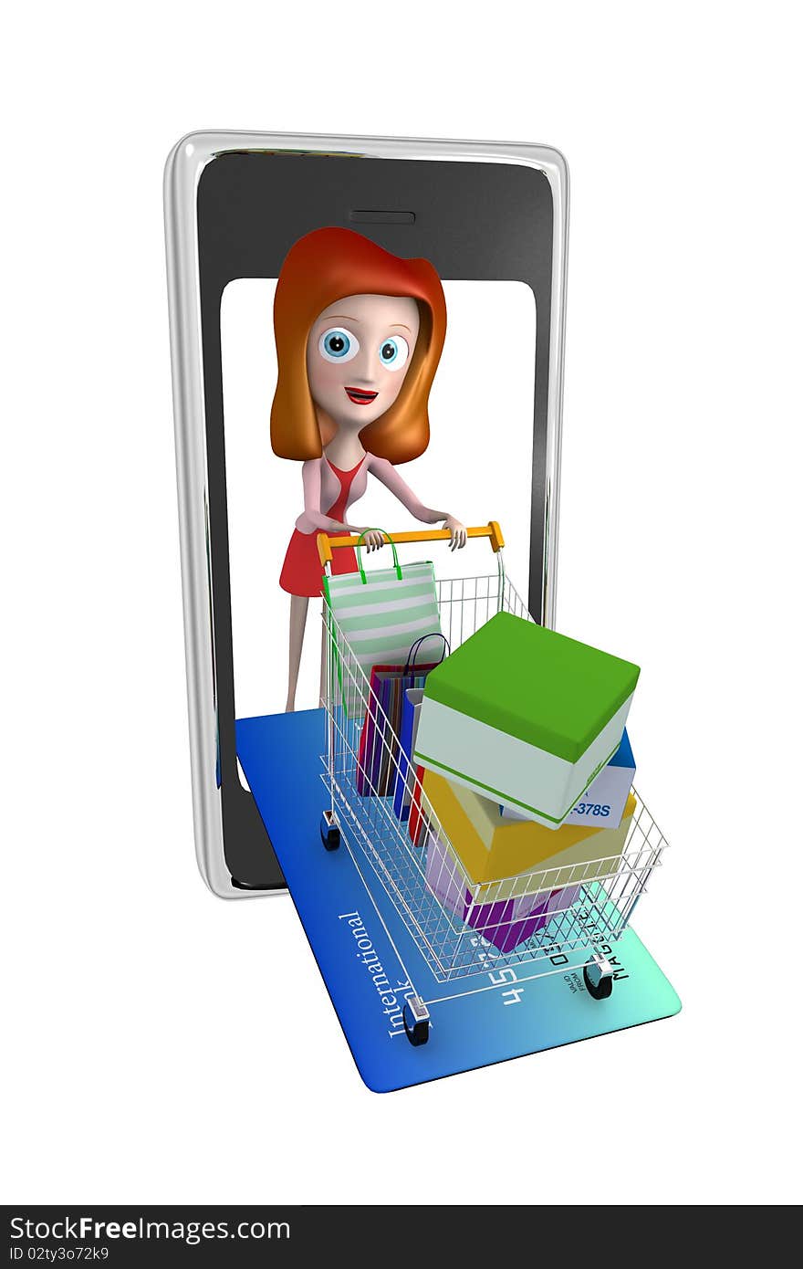 3d Girl In Phone Shopping With Trolley Credit Card