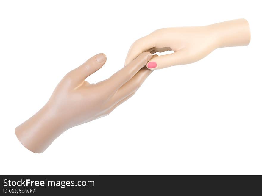 Touch of female and male mannequin hands . Isolated on white background. Touch of female and male mannequin hands . Isolated on white background