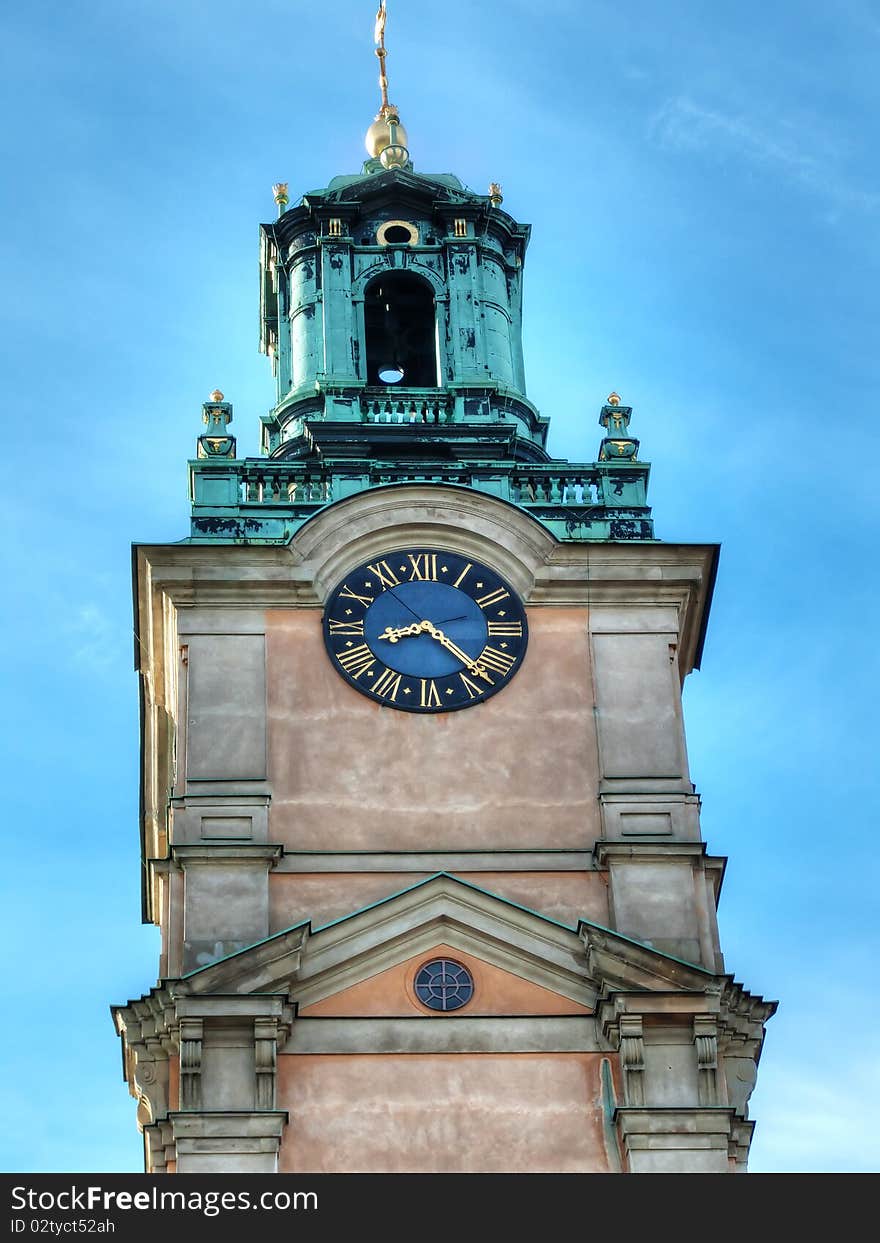 The bell tower of Storkyrkan (The Big Church) in Stockholm, Sweden