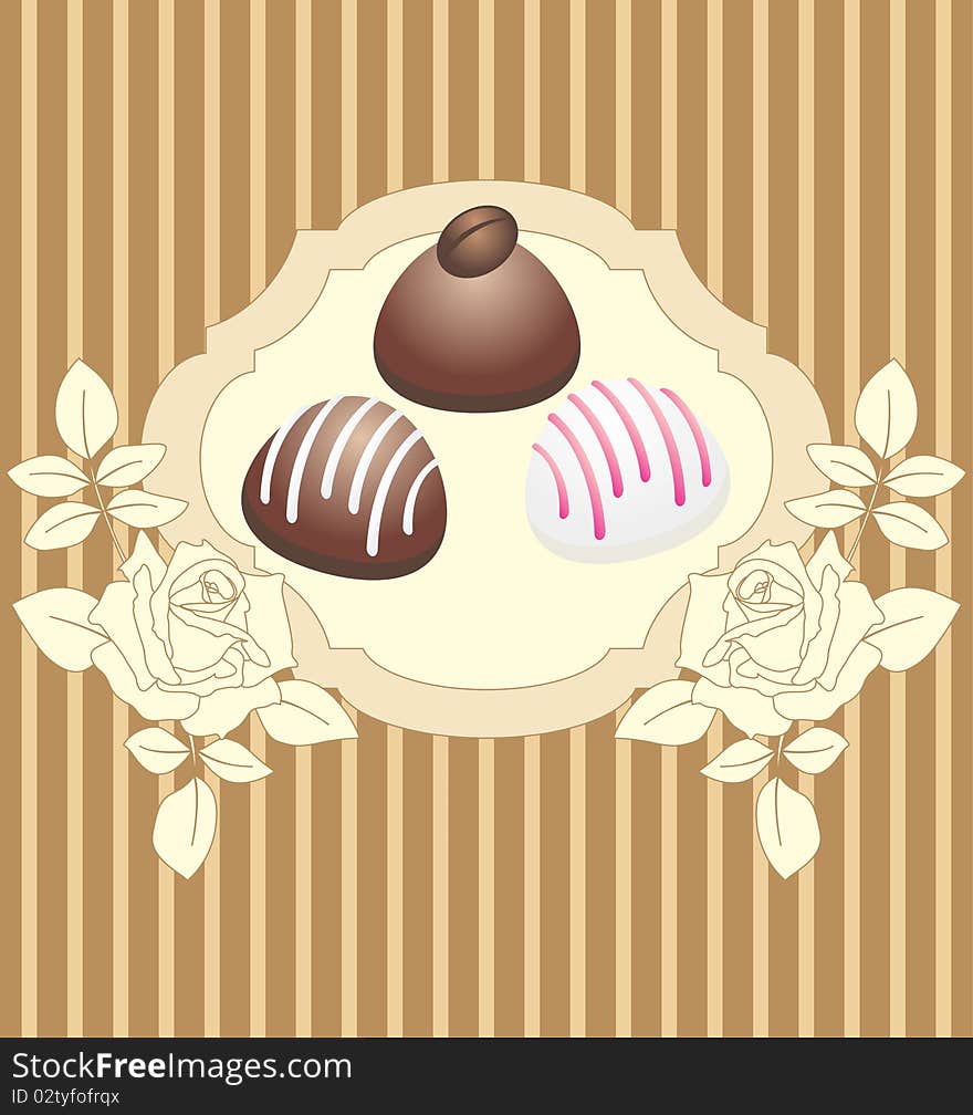 Card with chocolate candies with roses and stripes background