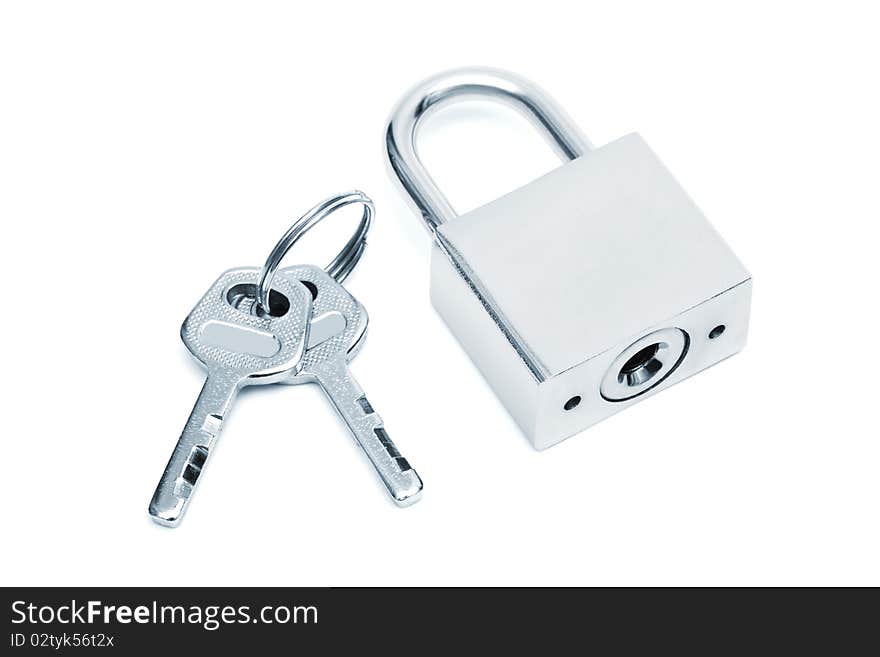 Modern padlock with keys on a white background