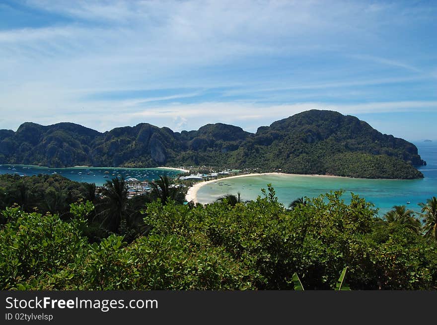 Bird view of Phi Phi island from the viewpoint. Bird view of Phi Phi island from the viewpoint