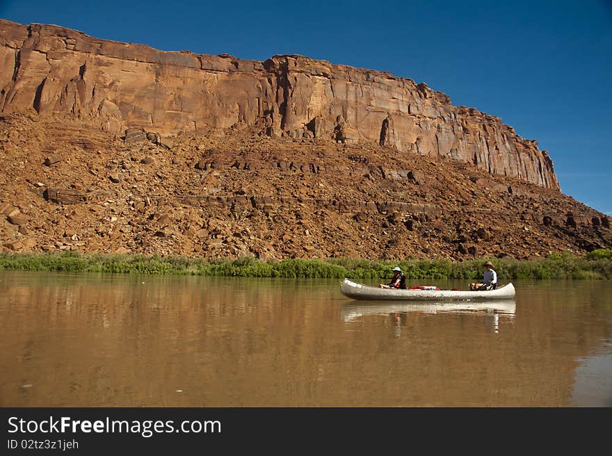 Mother and daughter in a canoe