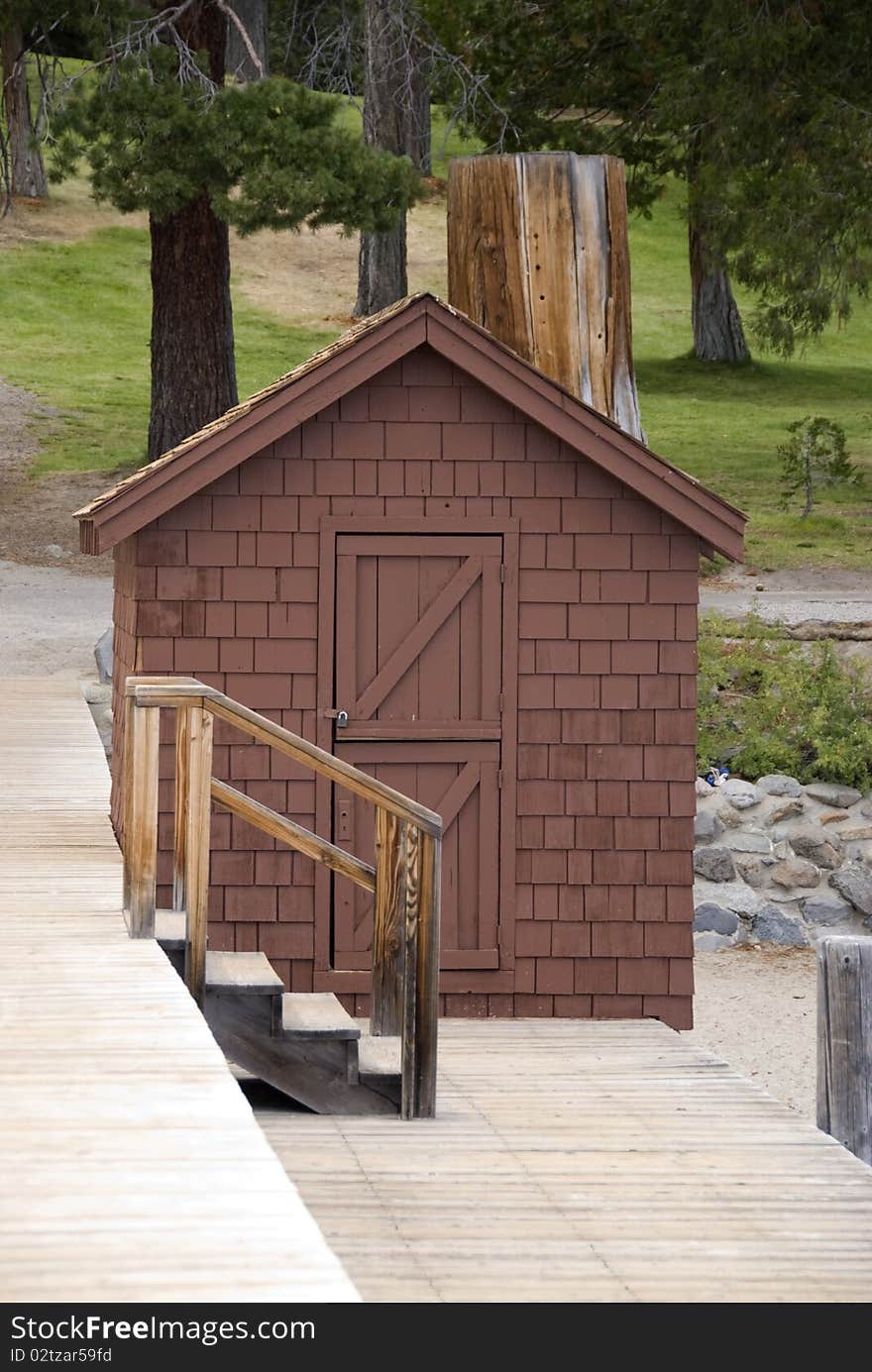 View of the cabin in the wilderness on the lake