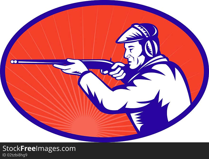 Illustration of a Hunter aiming a shotgun rifle side view set inside an ellipse done in retro woodcut style. Illustration of a Hunter aiming a shotgun rifle side view set inside an ellipse done in retro woodcut style