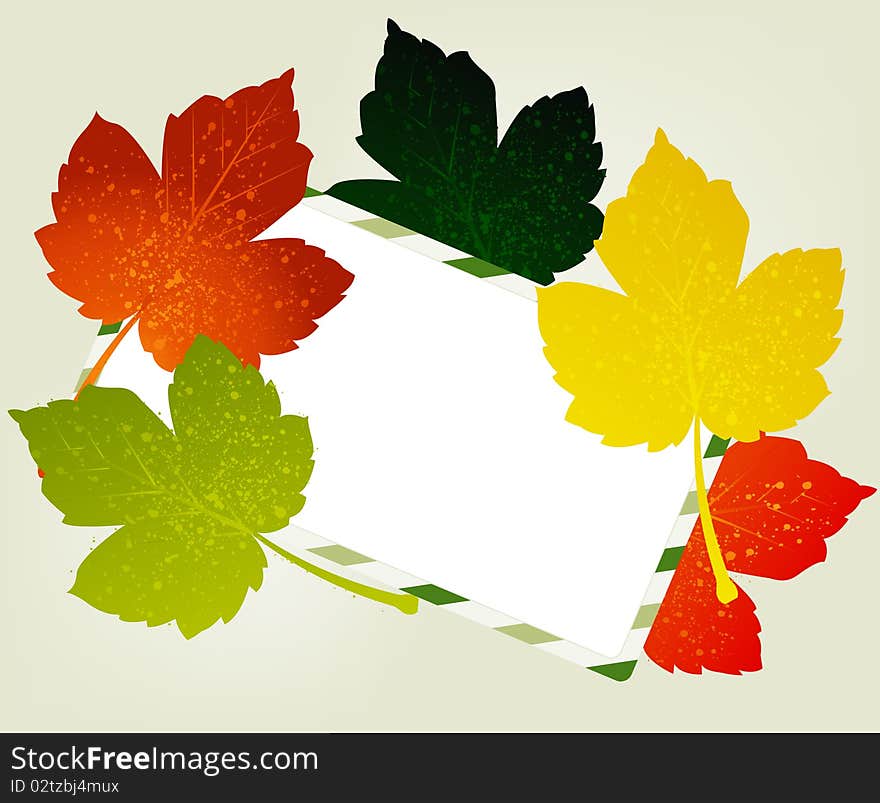 Post card,  Invitation card and colored leaves. Post card,  Invitation card and colored leaves.