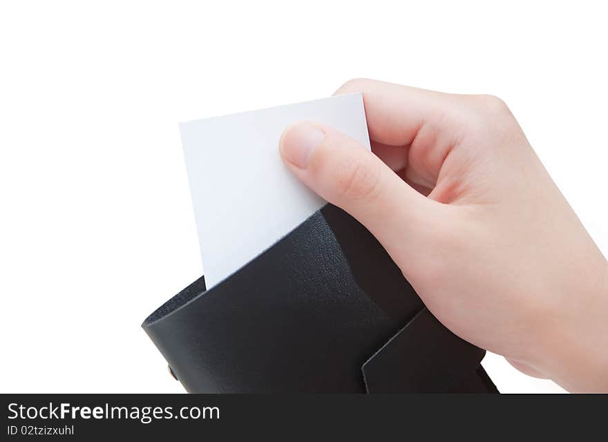 Male Hand Holding A Blank Card In Black Wallet