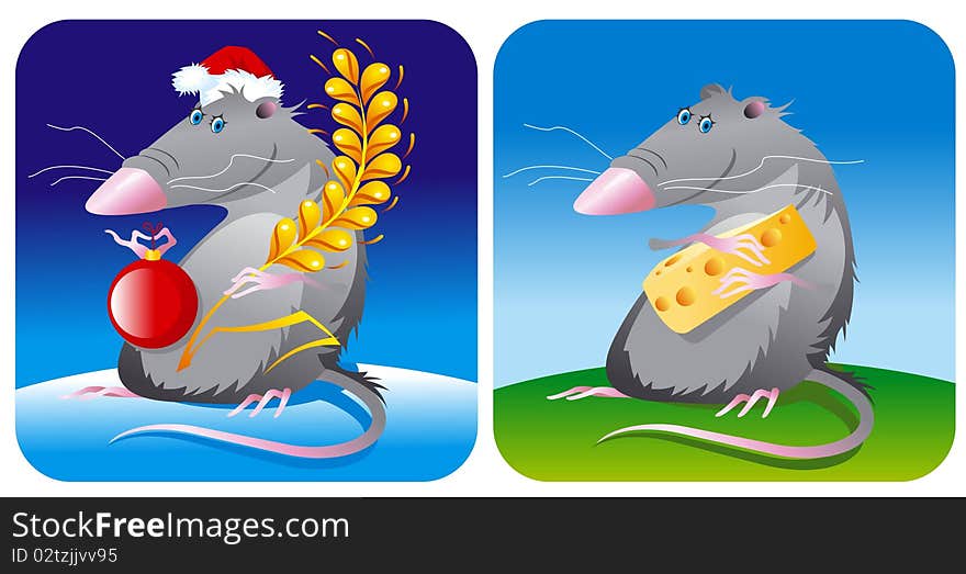 The mouse (rat) with a cheese piece on a summer background or with an ear  on a winter background with a hat of Santa and a smile. All objects are grouped and easily edited.Vectoredited.Vector. The mouse (rat) with a cheese piece on a summer background or with an ear  on a winter background with a hat of Santa and a smile. All objects are grouped and easily edited.Vectoredited.Vector