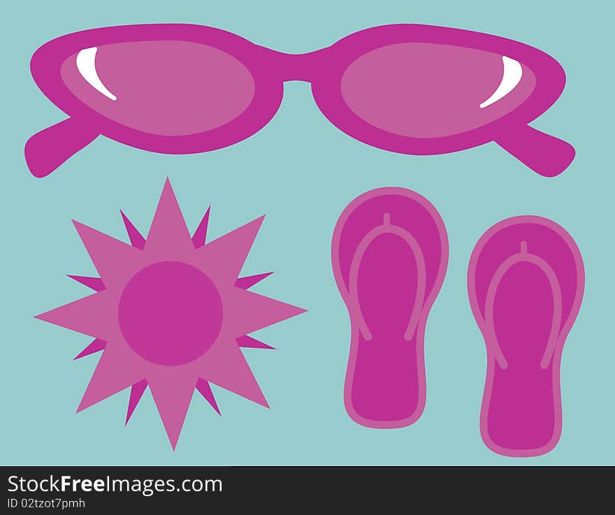 Vector illustration of isolated objects: pink sunglasses, sun & flip flops on a blue background. Vector illustration of isolated objects: pink sunglasses, sun & flip flops on a blue background.