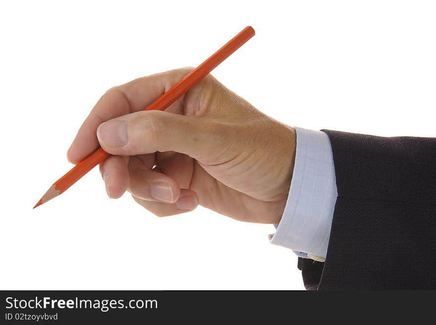 Red pencil in business hand isolated over white background