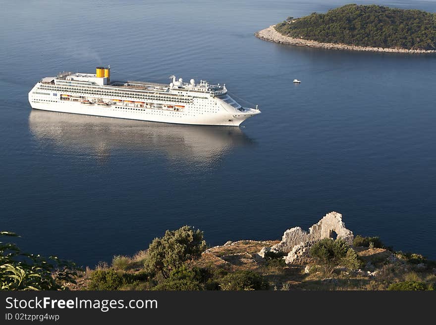 Croatia, Dubrovnik - August 2010, luxury white cruise ship shot on a clear day with calm seas and blue sky