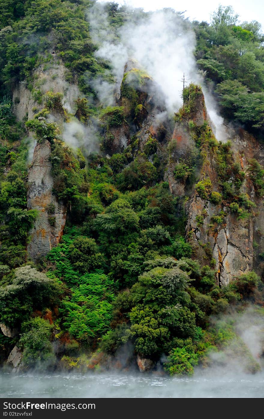 Steaming Cathedral Rocks,  Echo Crater and Frying Pan Lake, Waimangu Volcanic Valley, Rotorua, New Zealand. Steaming Cathedral Rocks,  Echo Crater and Frying Pan Lake, Waimangu Volcanic Valley, Rotorua, New Zealand